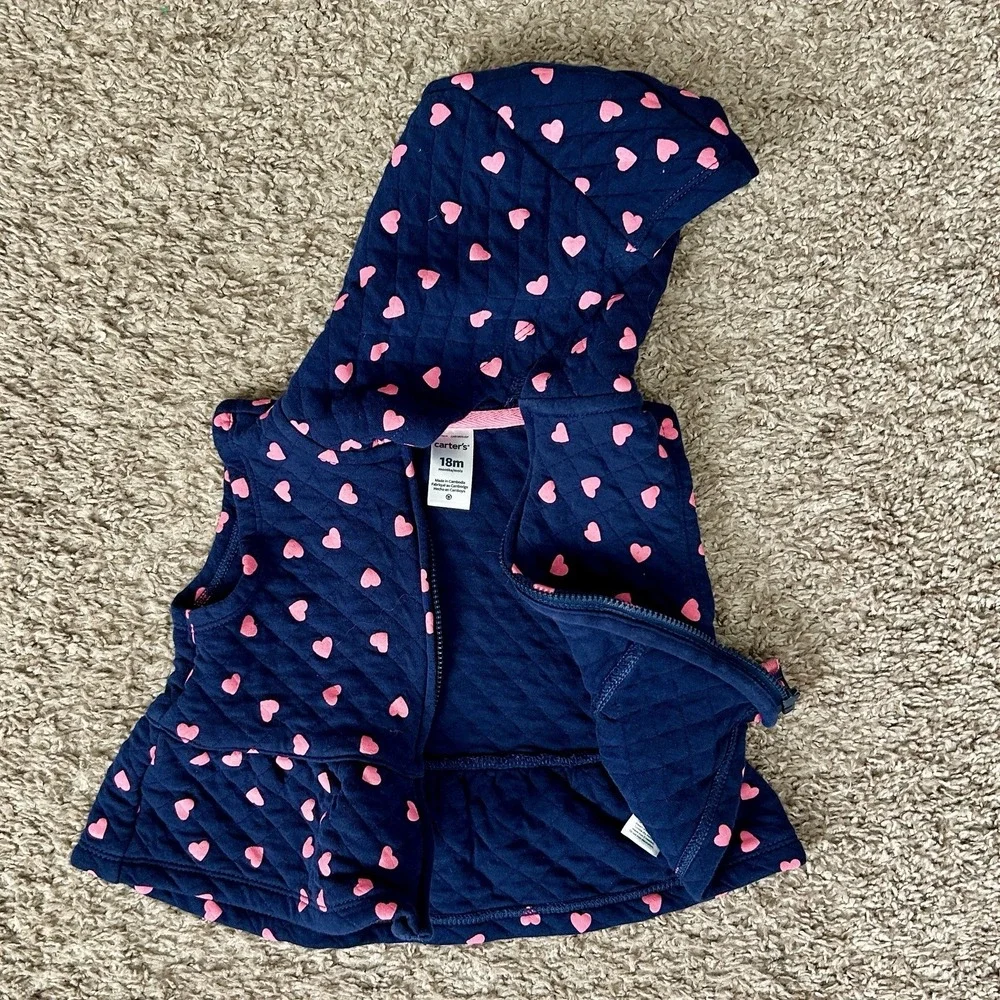 Carters Baby Girls Navy Blue Pink Hearts Quilted Hooded Vest I Size 18M‎